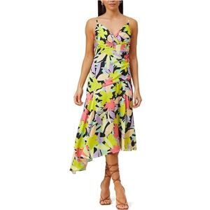 Aidan Mattox Asymmetrical Midi Corals Floral Print Ruffle V-Neck Dress Size 6